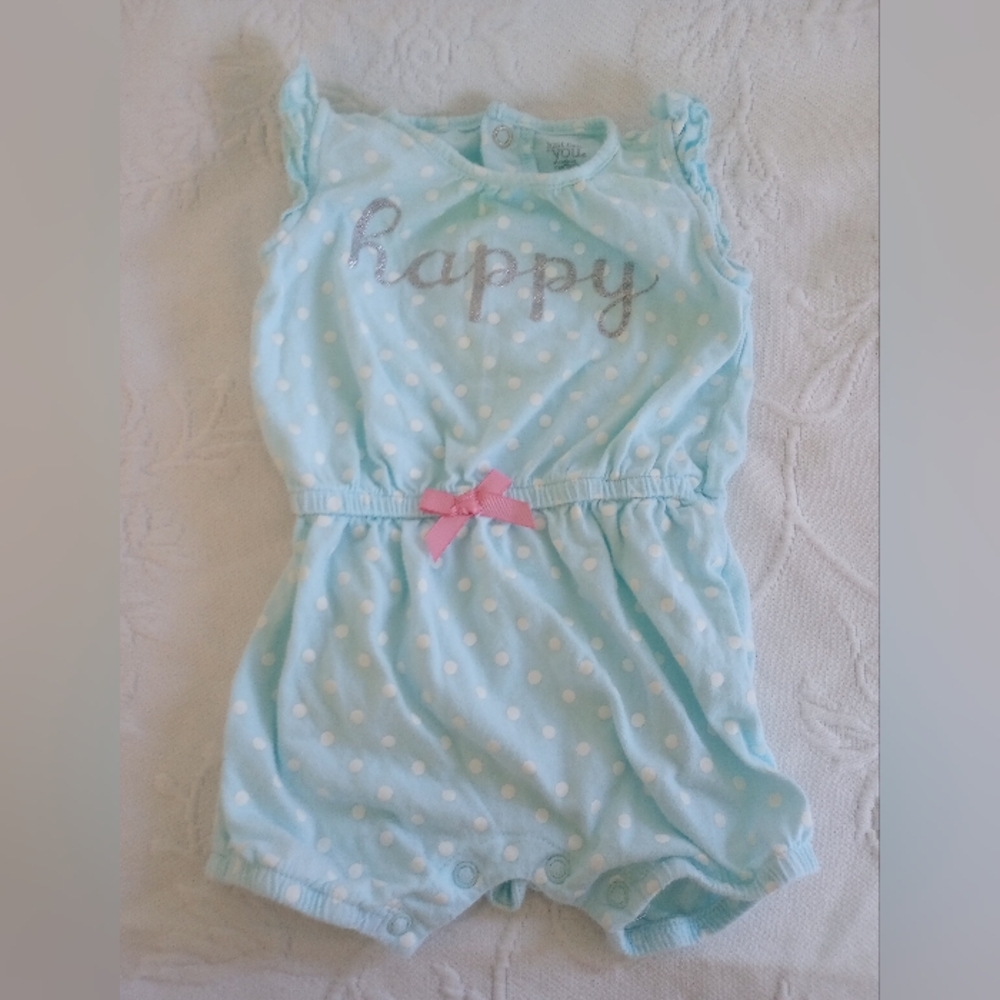 Carter's Light Blue Polka Dot Romper "Happy" 9m